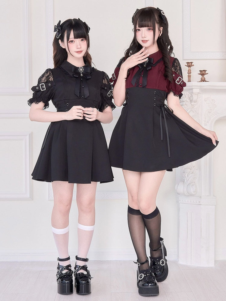 Jirai Kei – Rotes Kleid mit hoher Taille und Kunstschnürung, Schwarz/Schwarz, zweiteilig