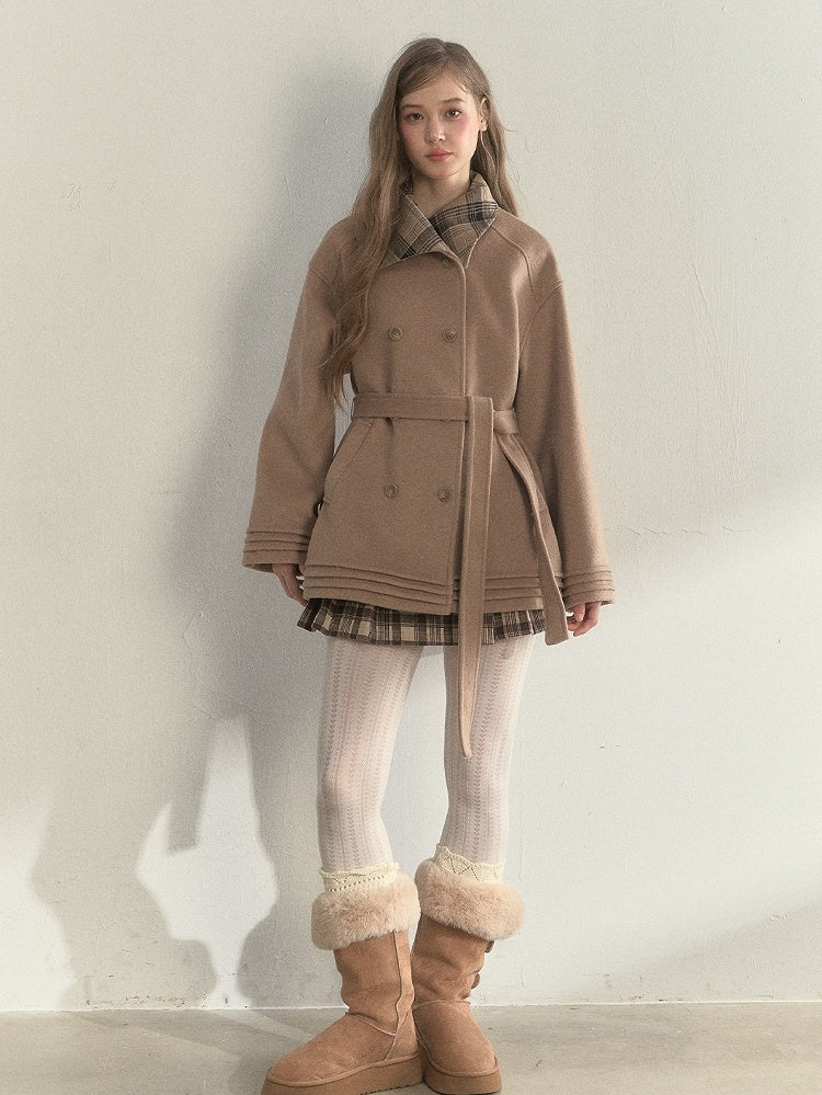 Waist Checked Khaki Double-breasted Vintage and with Wool Belted Coat Collar