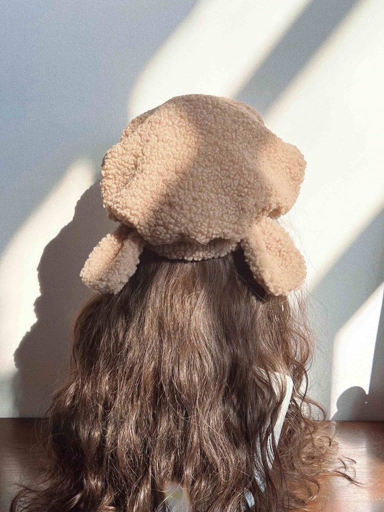 ホワイト/ブラック/レッド/ブラウンのフリース動物耳冬用ベレー帽