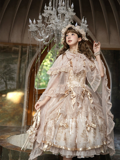 Cascading Trimming Cloak Ruffle Self-tie Neckline Champagne Bow Big