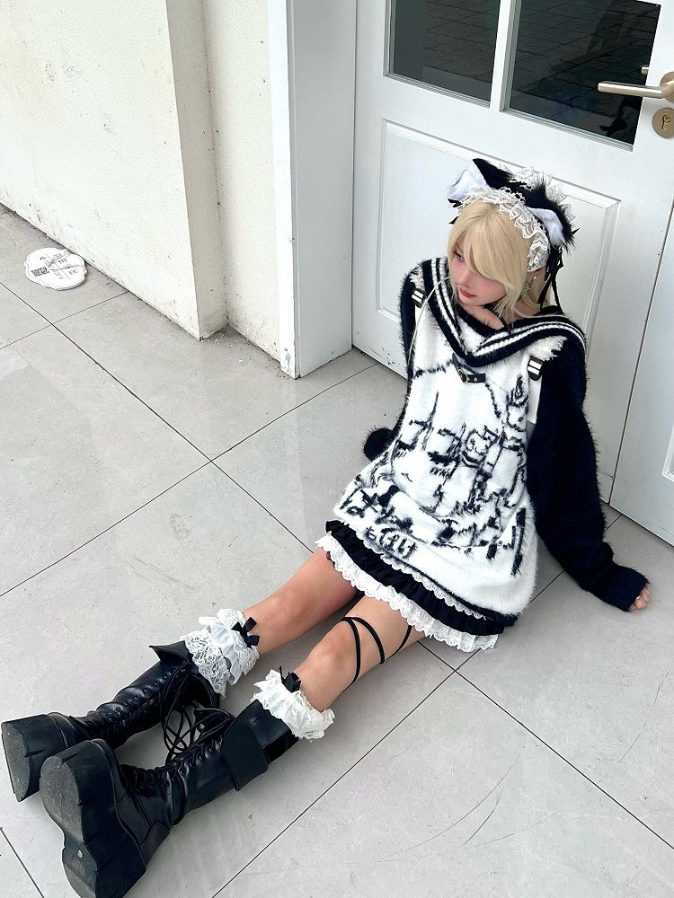 Plush Oversized with Girl Sweater Design Collar - Black/Blue/Pink Fit Cartoon Sailor