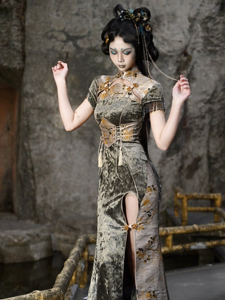 イエローのレースアップタッセルシノワズリコルセットベルト