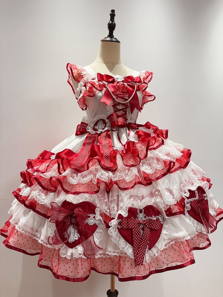 Kleid Lolita Herzförmig Mehrlagig Hanayome Weiß und Prinzessin Schleifen Rock Pullover Rot Dekoration