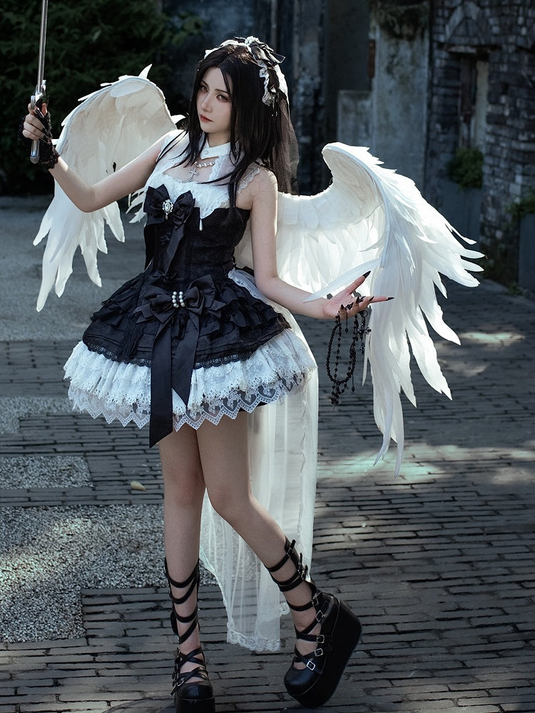 Schleifen Weißes Kleid Schwarz Verzierter Gothic Rock Lolita Stufen und