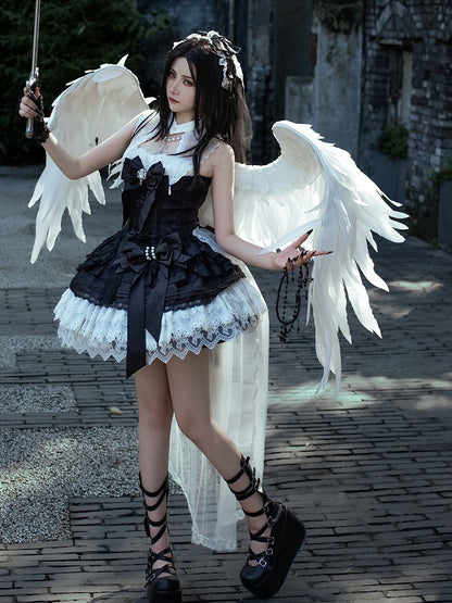 Schleifen Weißes Kleid Schwarz Verzierter Gothic Rock Lolita Stufen und