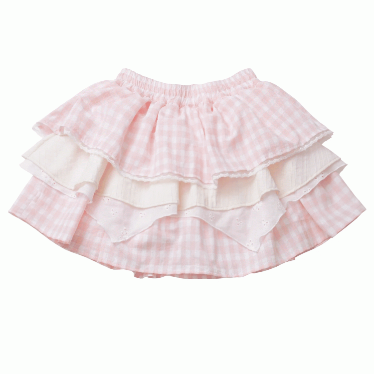 Tiered Skirt Hamburger Theme Pink/Brown Plaid Elastic Waist
