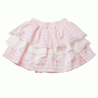 Tiered Skirt Hamburger Theme Pink/Brown Plaid Elastic Waist
