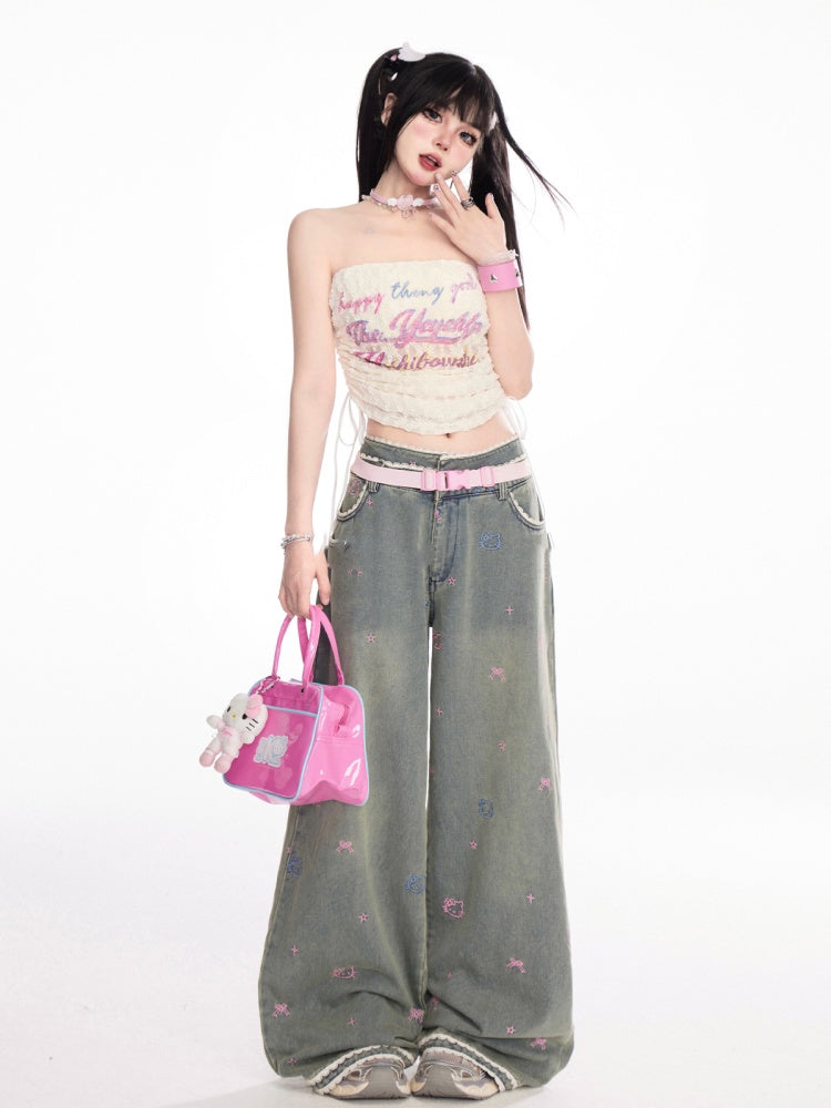 アプリコットドローストリングサイドストラップレストッププリントレースクロップドレター