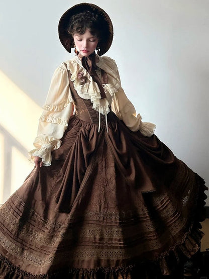 Lolita Brown Bust with Under Waist Embroidery Dress Detail Gothic Boned