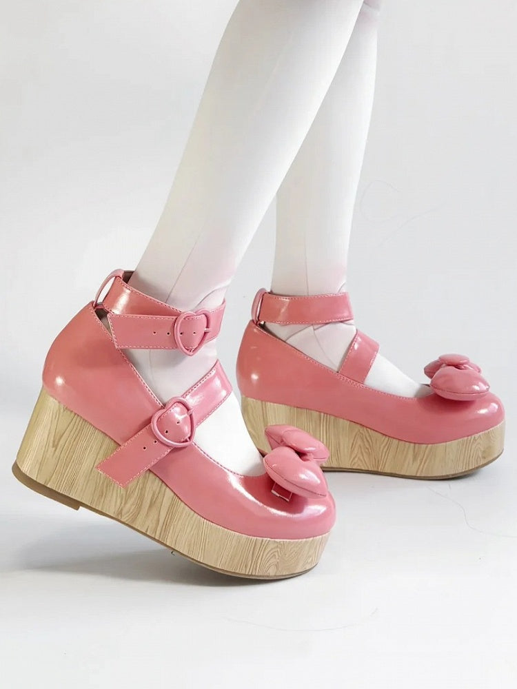Buckles Lolita Pink Sweet - Heart at Top Bow Dark Platforms