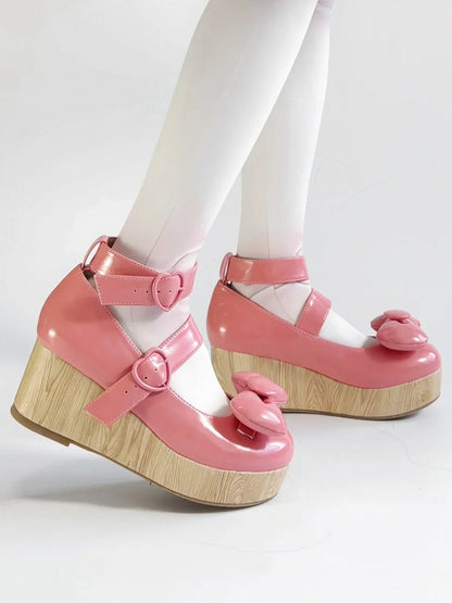 Buckles Lolita Pink Sweet - Heart at Top Bow Dark Platforms