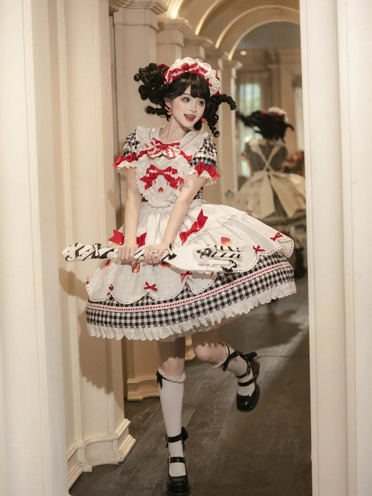 Sleeves Gingham Lolita Dress Strawberry Sweet Print with Puff Black White