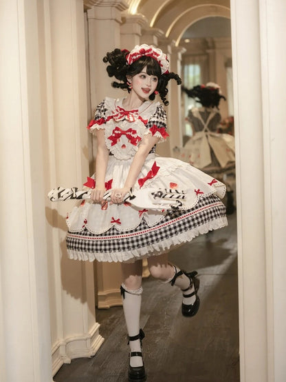 Sleeves Gingham Lolita Dress Strawberry Sweet Print with Puff Black White