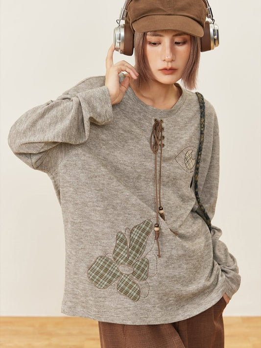 Gray Long Lace-up Shirt Embroidery Sleeve - Tie Patch Vintige Decorated Flower