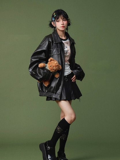 Mid-Rise Accents Spicy A-Line Metallic Black Chic PU Skirt Edgy Pleated with