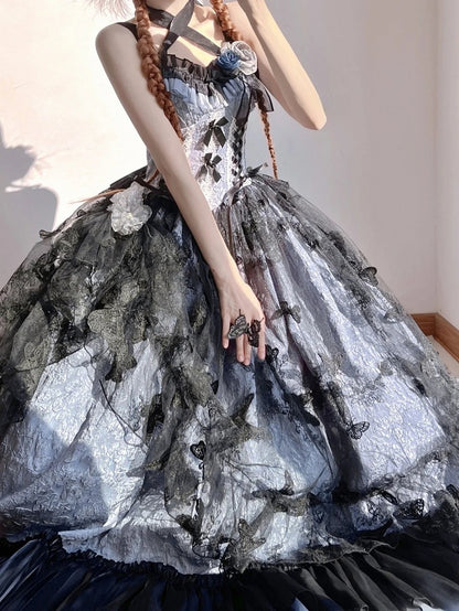 Details Floral Embossed Black Hanayome-style with Blue Lace and Dress Hime Bow Dark Lolita