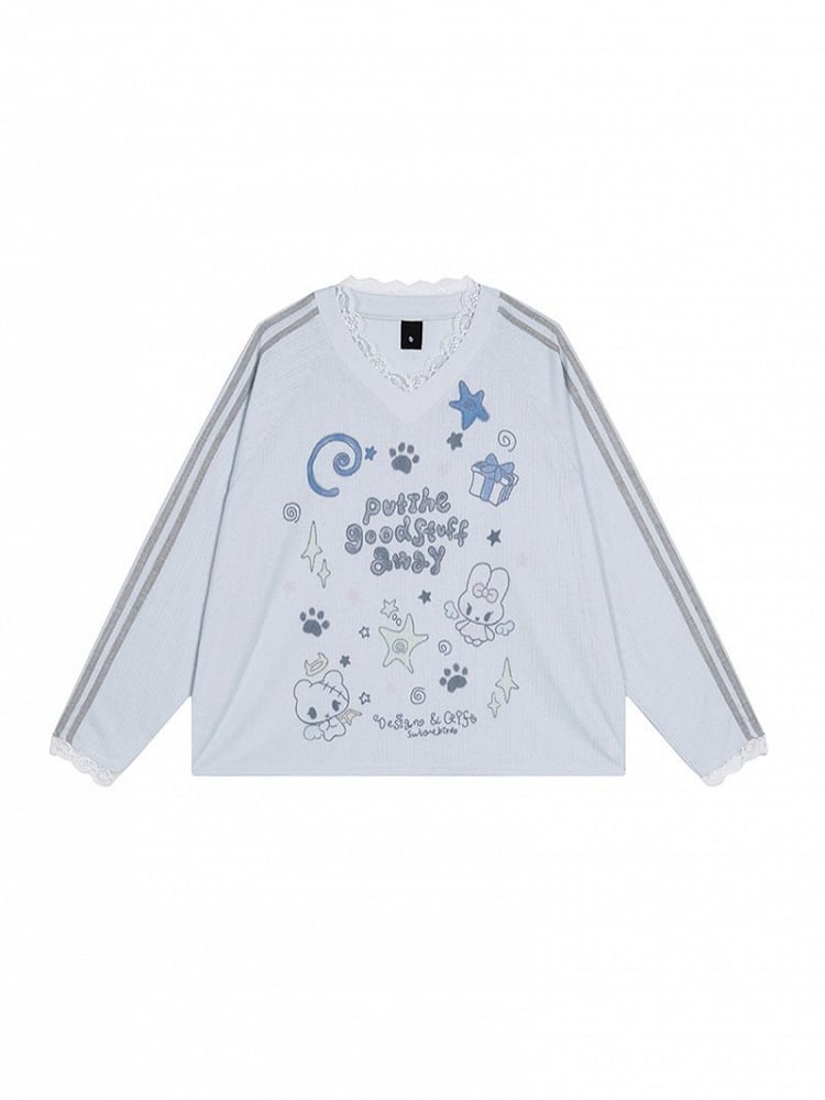 White/Blue Sheer Lace V-Neck Long Sleeve Top with Cartoon Print - Solkatt