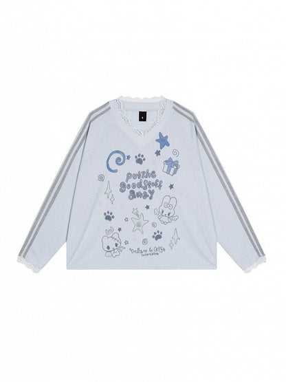 White/Blue Sheer Lace V-Neck Long Sleeve Top with Cartoon Print - Solkatt