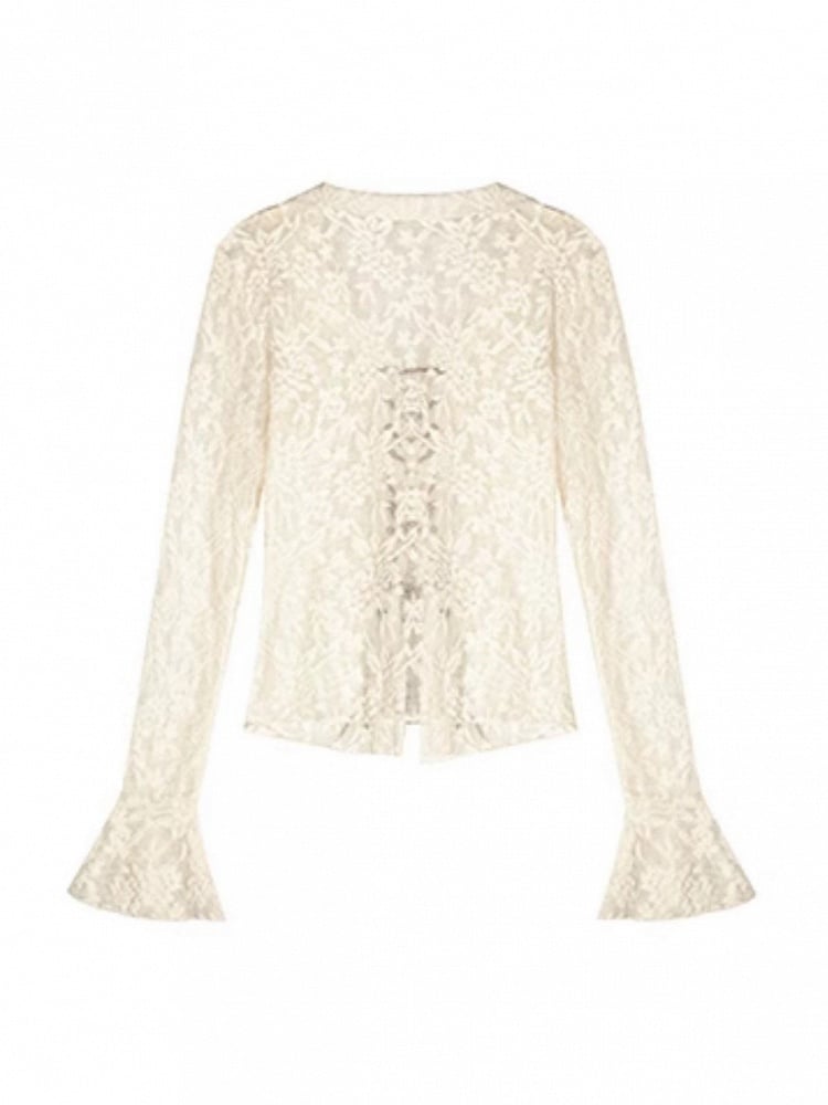 Embroidery  Bell Sleeves Beige Flocked Mesh Floral Lace-up Blouse with