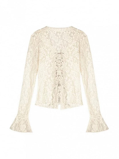 Embroidery  Bell Sleeves Beige Flocked Mesh Floral Lace-up Blouse with