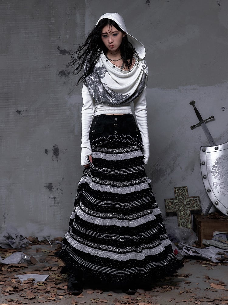 Polka Tulle Gothic Waistband with Hem Striped Studded A-Line + Length Skirt Dots Floor Black