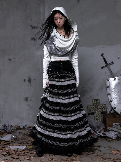 Polka Tulle Gothic Waistband with Hem Striped Studded A-Line + Length Skirt Dots Floor Black