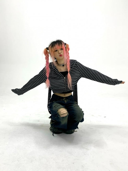 Decorated Striped Bunny Sleeve with Hoodie Ears Long