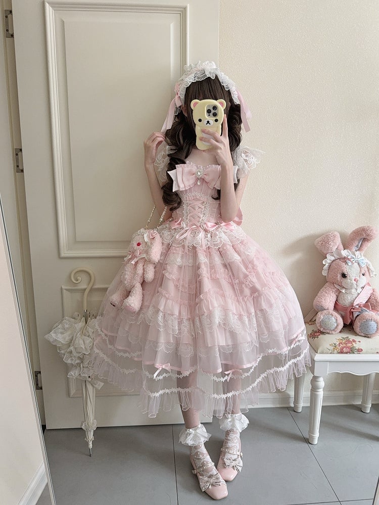 Lolita Multi-Layer Sweet Lace with Pink Details JSK Bows Rhinestone Dress Hanayome-Style