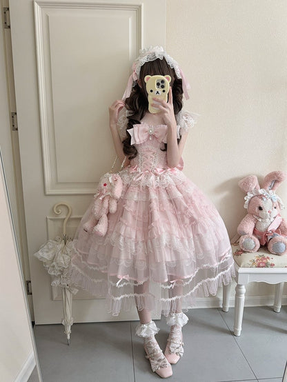 Lolita Multi-Layer Sweet Lace with Pink Details JSK Bows Rhinestone Dress Hanayome-Style