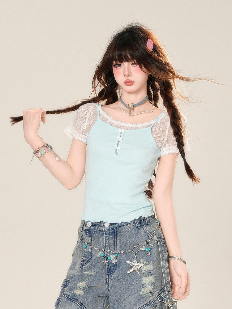 Mint Blue Slim-fitting Set Cami Top Cropped T-shirt Glamorous with Lace