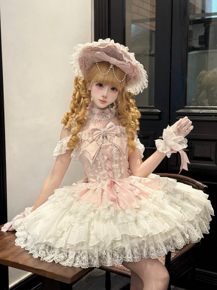 Pink Ballet Style Lace Ruffle Lolita JSK Dress with Bead Chain Bow and Back Bow Set - White Sugar Girl
