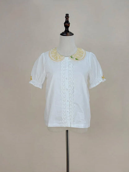 ピーターパン ホワイト ショート レモン スリーブ シャツ イエローカラー プリント