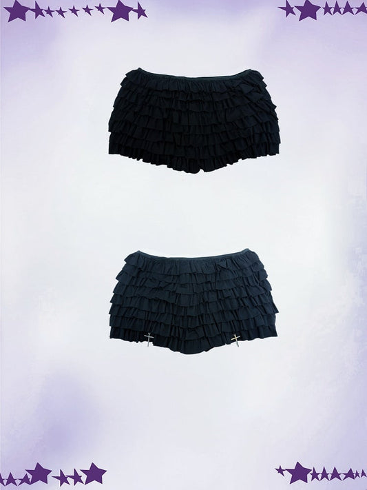 Cross Charms Tiered Ruffles Skort Waist Black Elastic