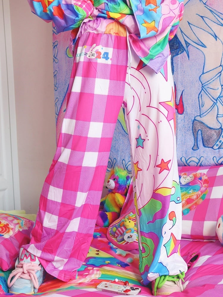 Y2K Print Star Colorful Pants Pattern Plaid Flare Silhouette