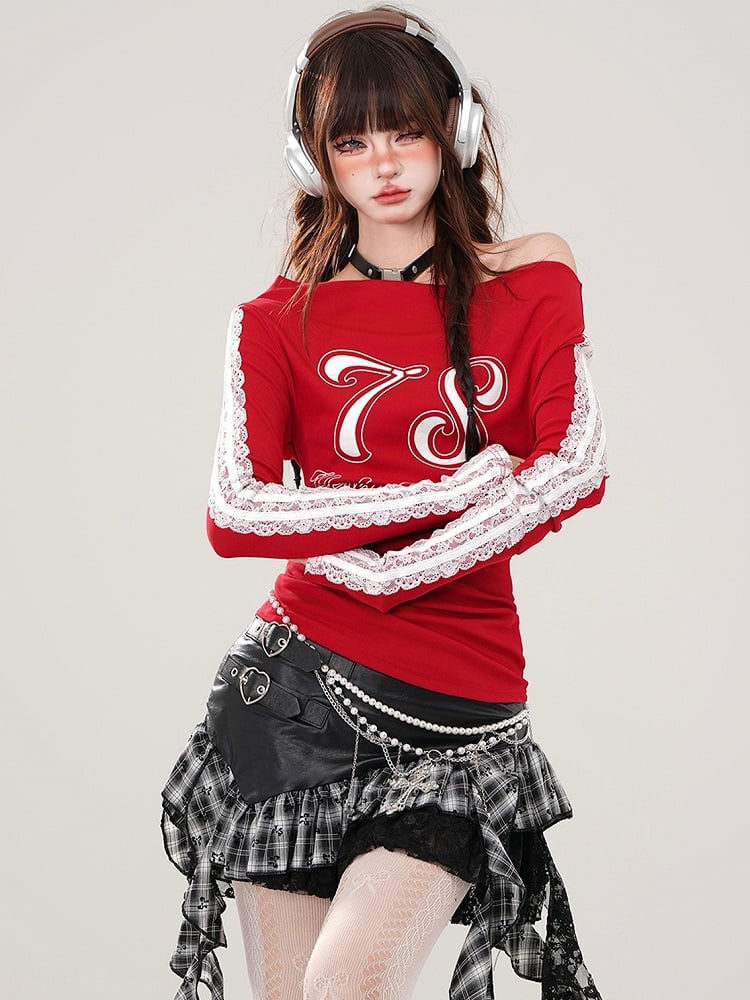 赤い文字のオフショルダーネックライントップ、レースアップリケスリーブ