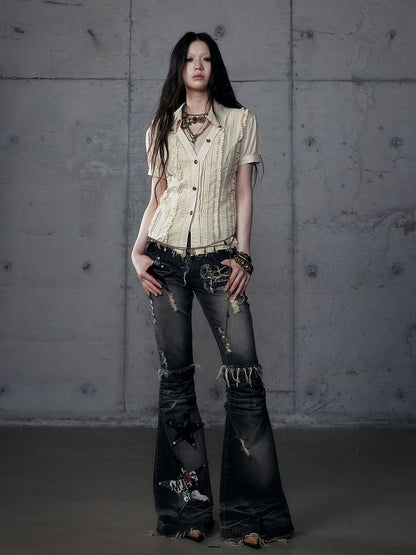 Patches Schwarz PU Ausgestellt Rock Star Punk Wasteland Saum Washed Raw Jeans mit