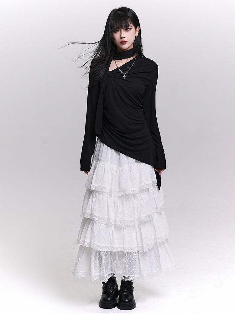 Gray/Black Long Sleeve Top with Gathering Details and Asymmetrical Neckline