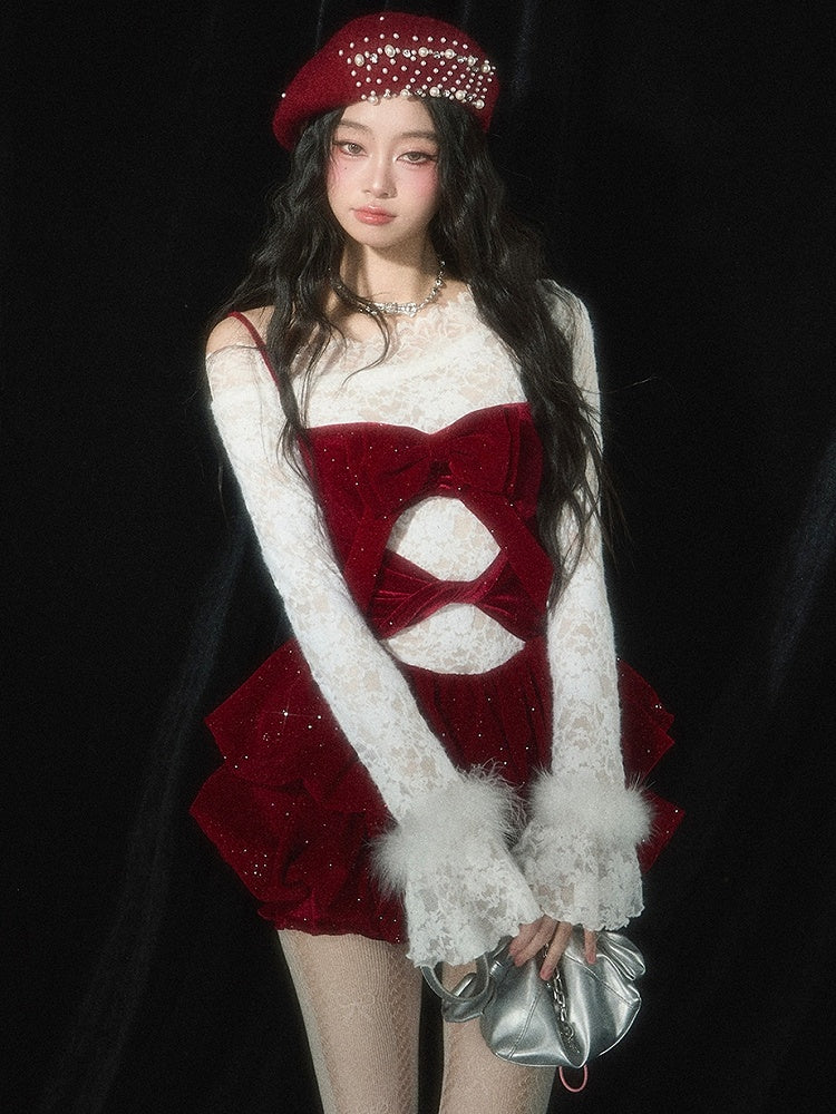 Christmas Red Cutout Detail Tiered Bubble Skirt Dress with Free Undies