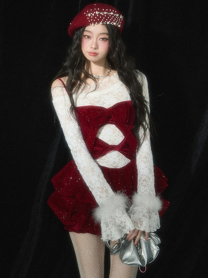 Christmas Red Cutout Detail Tiered Bubble Skirt Dress with Free Undies