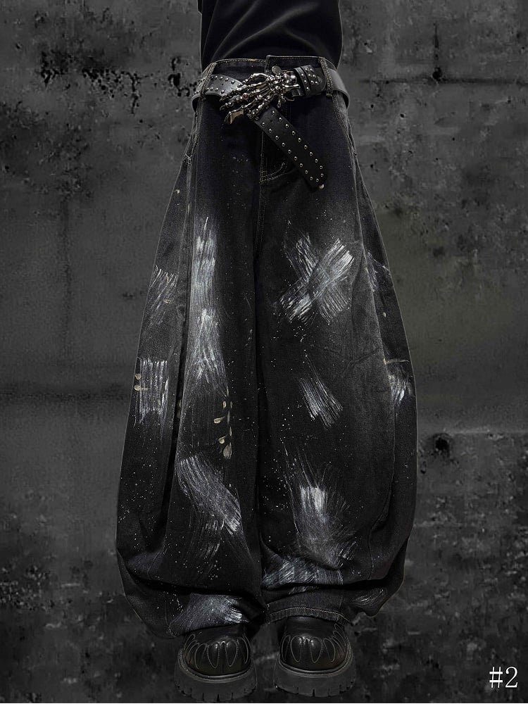 Distressed Graffiti Jeans Paint Wide-Leg and with Black Splatter Cross