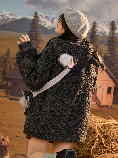 Mantel Ohren Kapuze Fleece Wolf Grau