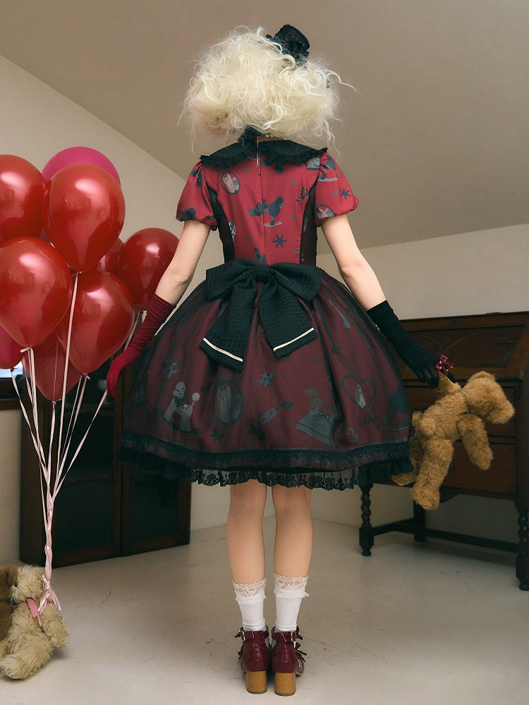 Puppy and Telephone Print Black and Red Peter Pan Collar Sweet Lolita Dress