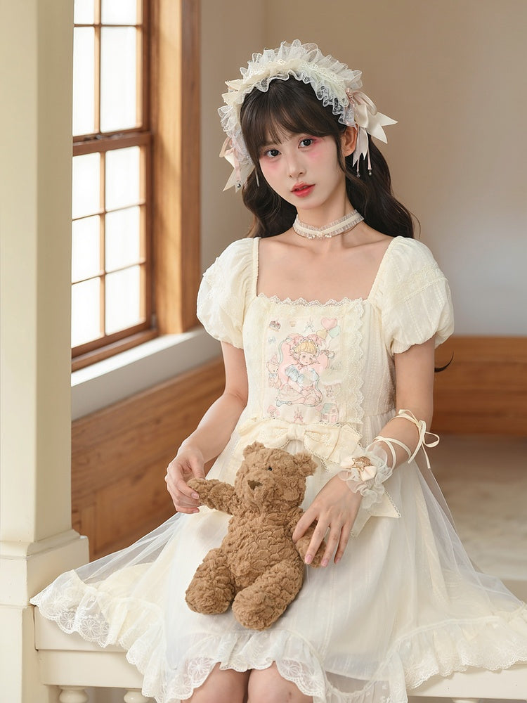 Süße Märchen Druck Apricot Square Puff Short Casual Bow Big Lolita Kleid Taille Ausschnitt Ärmel und