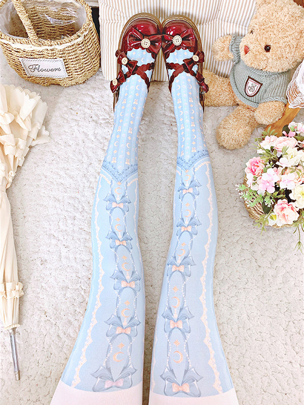 ブルームーンと蝶結びプリントのロリータベルベットタイツ