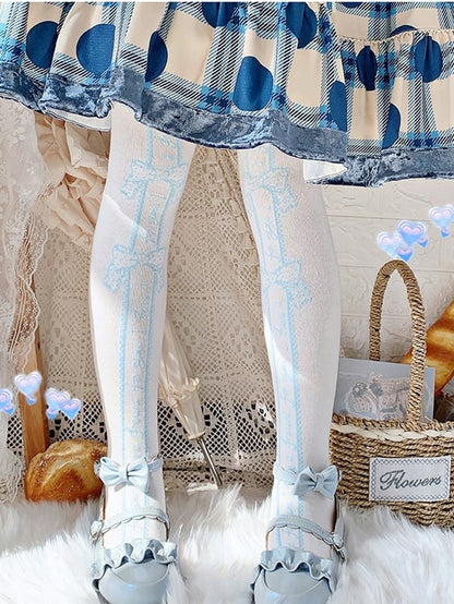 Red/Black/Blue/Pink Bowknot Print Sweet Lolita Overknee Stockings