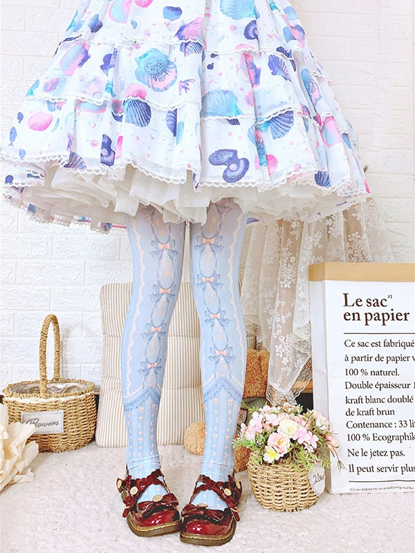 ブルームーンと蝶結びプリントのロリータベルベットタイツ