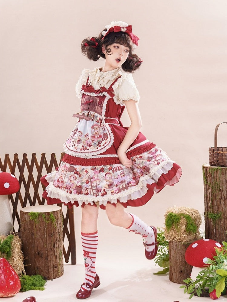 Sweet Red Lolita Jumper Dress with Fruity Print and Lace Trim - Honey Machine