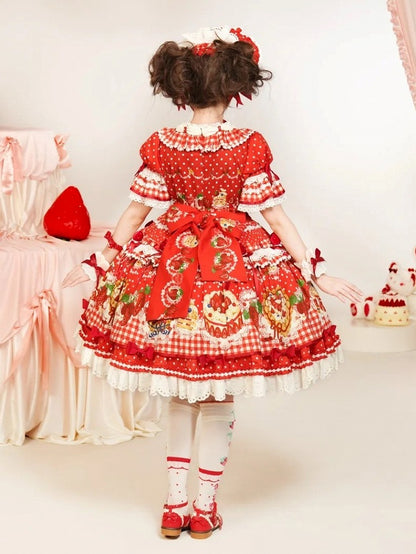 Sleeves Hem Print Lolita Puff Red Ruffle Cake Dress Strawberry with Sweet
