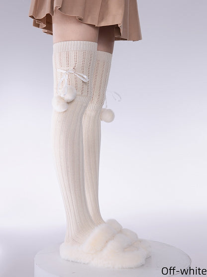 Pom-Pom Design Vertical Pattern Knee Colors with Loose Knitted Over Decoration 3 Stockings Striped