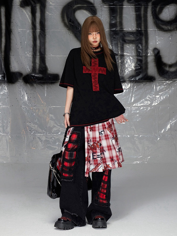 Black Distressed Holes Plaid Pattern Straight-leg Cut Jeans